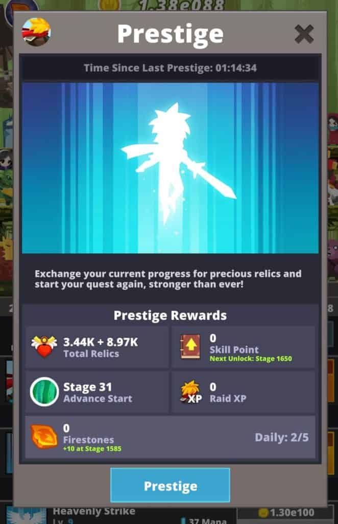 Prestige to collect relics in Tap Titans 2