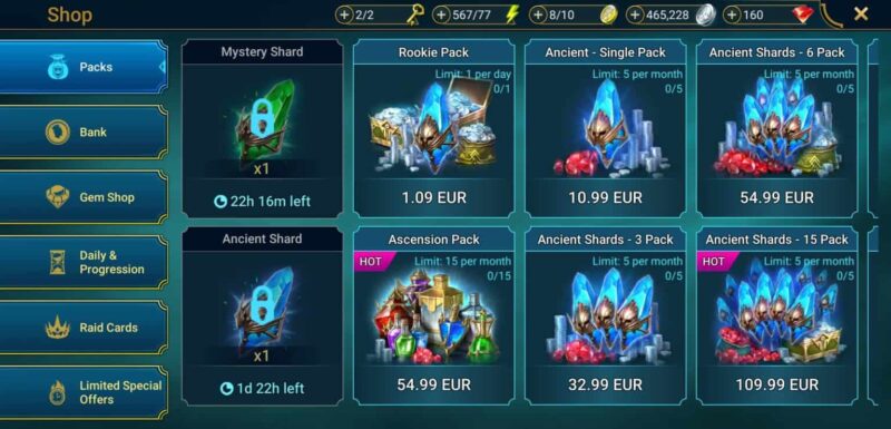 Raid Shadow Legends In-Game Shops