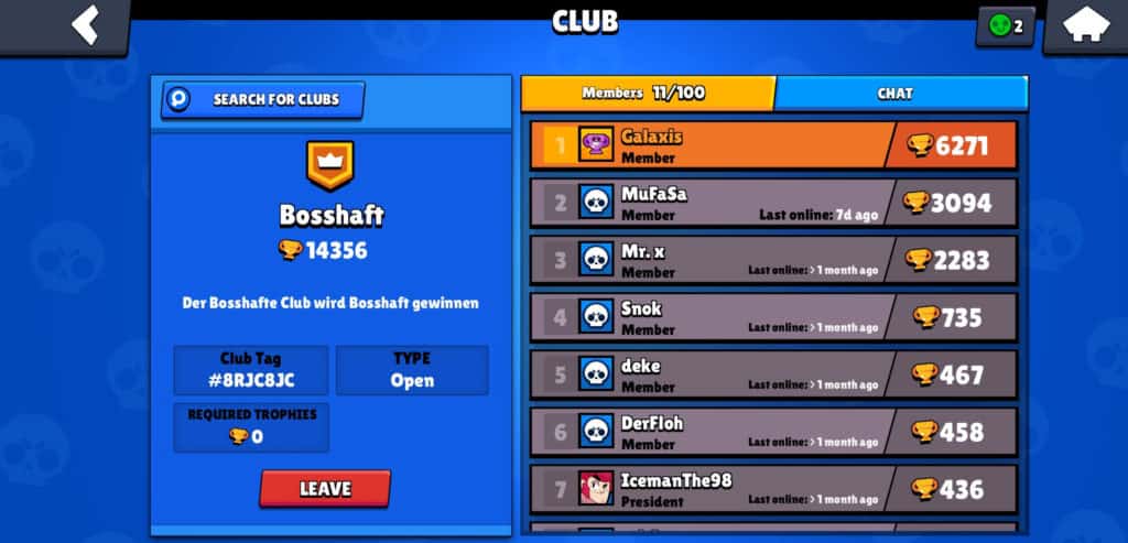 Yes, there are Clans in Brawl Stars, but Supercell calls them “clubs.” Up to 100 different players can join a club, to chat and play with each other. Joining a club does not change anything in terms of gameplay, and also does not unlock new content, like Guild Wars/Siege in Summoners War. Important note: Over the next few updates, Supercell will introduce Club Wars to Brawl Stars (Review), which allow clubs to fight each other in various matches, like in Clash of Clans or Clash Royale. Every time a club member increases his Trophy count, the Trophy count of the club also rises. Inside of a club, the creator (Club President) can promote regular members to higher ranks, like Vice President. Being a club member gives players an additional chat, where they can write with other club members, discuss what game modes to play, which Brawlers to play, and so on. Also, under the social button on the main screen, they can see which club members are also online at the moment. How to create a club? Create a new club in Brawl Stars Creating a club only takes a few seconds. If you already joined a club, you have to leave him first to create one by yourself. After that, click on the club icon on the main screen, and click on “Create a new Club.” In the upcoming menu, you can change a few settings, like the club name, required Trophies to join, club logo, club type (open/closed/invite only), and the club location. By enabling “Family Friendly,” the club owner allows players of all ages to join. When the club is created, this setting can not be changed anymore. When everything is set and done, there is also the option to write a small club description to convince players to join. To create the Clan, the player just has to press the “Create” button at the bottom of the menu. How do I get people to join my club? Search for clubs in Brawl Stars Depending on how hight you set the required Trophies to join, filling a club with lots of people can take some time. Unfortunately, Brawl Stars does not share an open chat, where a lot of people can chat, just like in Summoners War. In addition to that, it is currently not possible to invite befriended players into a Club. The only option to get more people into the club is to share a particular link on social media or per direct message (like in WhatsApp). If you search on Google, you can also find forums where people look for clubs to join or club owners who need new members. Here is a Sub-Reddit where some club owners search for new members. Check it out here. What is the best Brawl Stars club? There are many active and inactive clubs in Brawl Stars, and most of them can not compete with the top clubs in the game. To be in the top 200 clubs, the club must have at least 2,199,184 Trophies (number of Trophies of the 200th club). At the moment, the top clubs in Brawl Stars are: Rank: Club: Trophies 1 CODEMAGIC 3,047,132 2 UE Konexion 2,874,316 3 AFGM GENESIS 2,864542 4 A Few Good Men 2,838,243 5 Temop Storm 2,809,379 6 〖ᴳᵒᵈⱫ〗 2,807,692 7 DOMINANT 2,785,431 8 CODEMAGIC FR 2,684,700 9 LA Spain ✓ 2,678,743 10 WOLVES HUNGRY 2,656,627 11 CODEMAGIC TR 2,651,114 12 NA Peak 2,651,018 13 LowLandLions 2,640,668 14 LA Jungle 2,638,580 15 FUJISAN ／^_^＼ ✓ 2,624,731 16 QLASH Storm ARG ✓ 2,587,100 17 QLASH Olympus ✓ 2,581,489 18 CODEMAGIC ES 2,571,407 19 LS Family 2,569,657 20 Code: Madalin 2,552,499