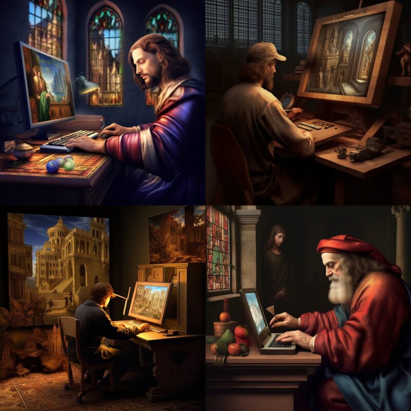 man playing games on PC Da Vinci style